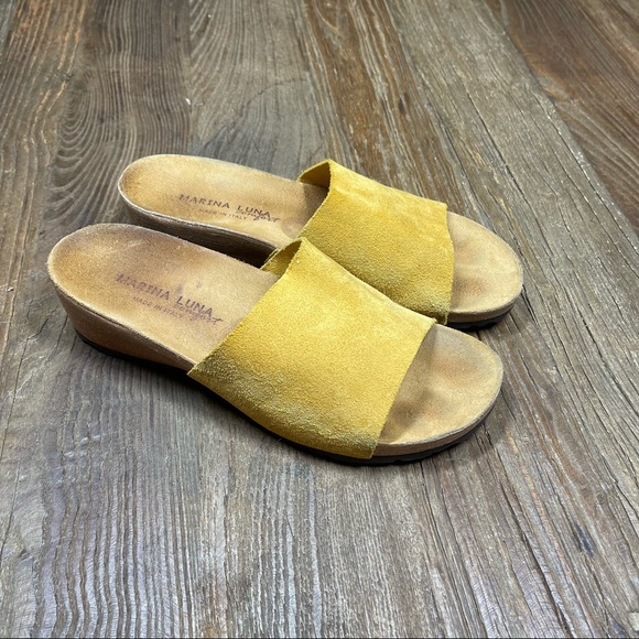 🔆 Marina Luma Comfort Sandals Mirta 1 Yellow Suede Slides Cork Footbed Siz… - Picture 1 of 9